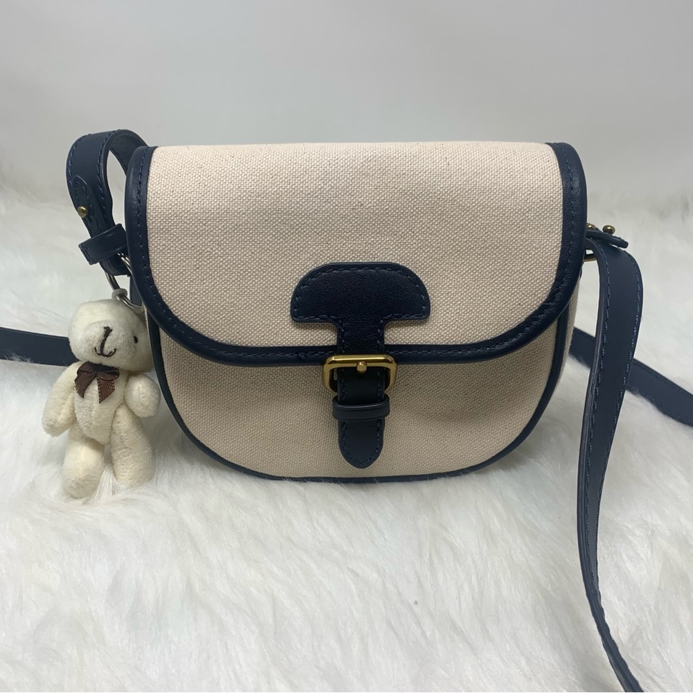 New J. Crew Canvas Navy Blue Cream Classic Saddle Crossbody Bag w/Bear Sold Out
